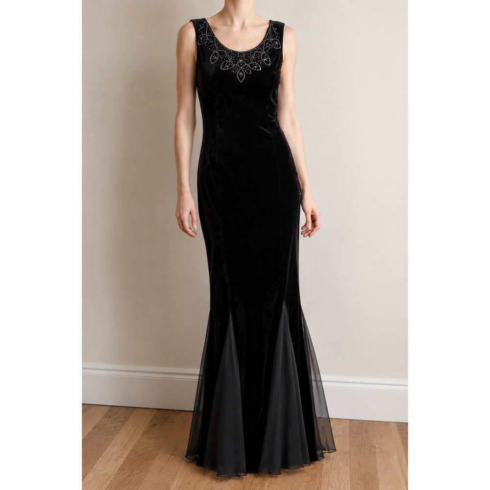 Vintage 90s Black Velvet Beaded Maxi Dress‎ 8 Evening Going Out Elegant Witchy